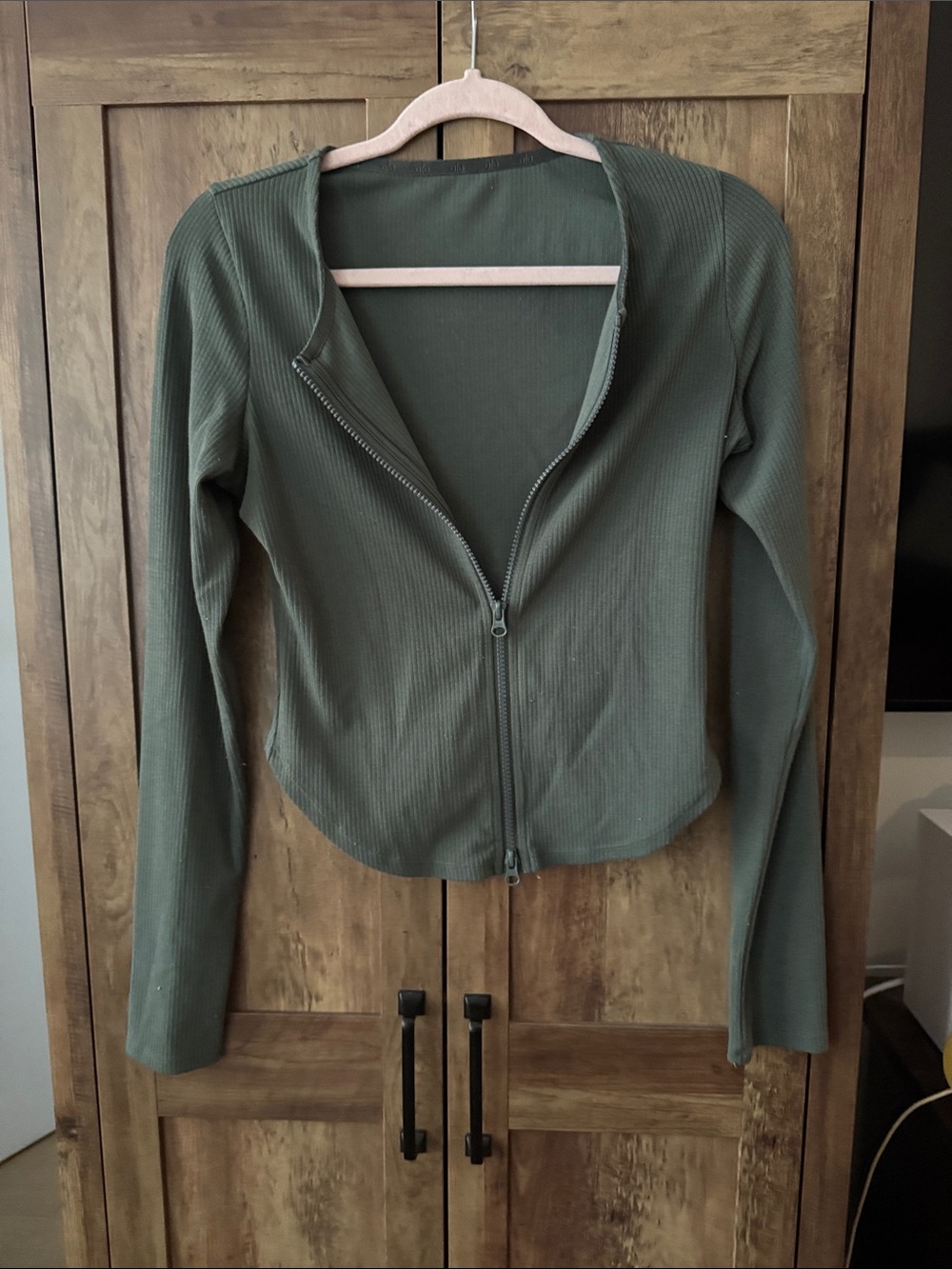 ALO Yoga Olive Green Ribbed Zip-Front Long Sleeve Top